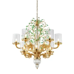 Lampadario Foliage in Bronzo dorato con Foglie in Cristallo Verde
