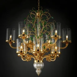 Lampadario Foliage in Bronzo dorato con Foglie in Cristallo Verde