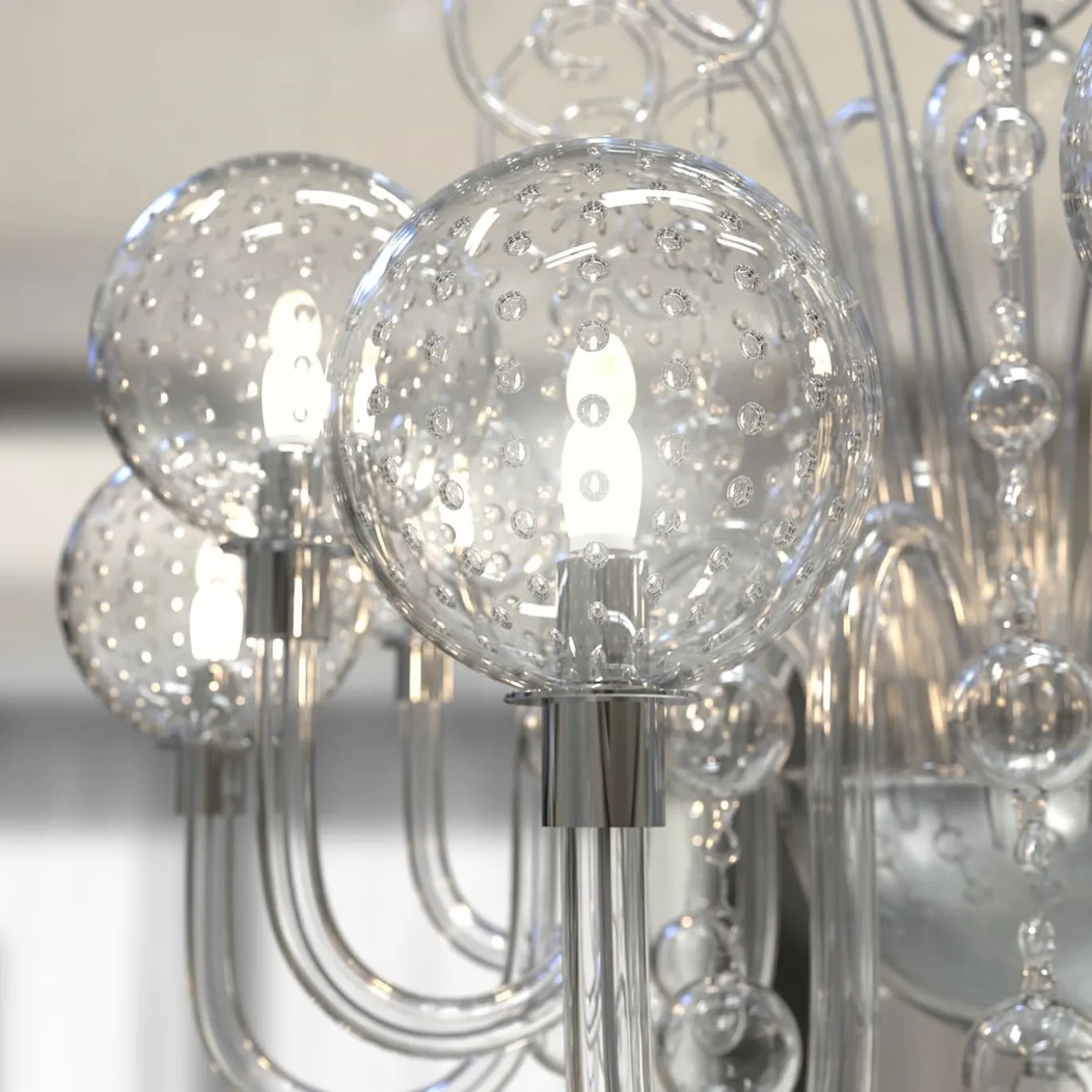 Lampadario Galileo a 12 luci in vetro di Murano color cristallino