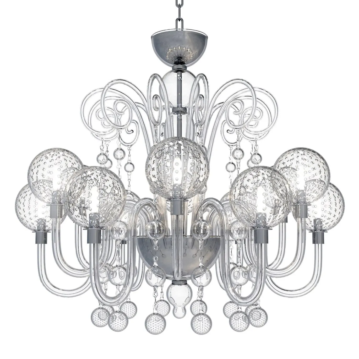 Lampadario Galileo a 12 luci in vetro di Murano color cristallino