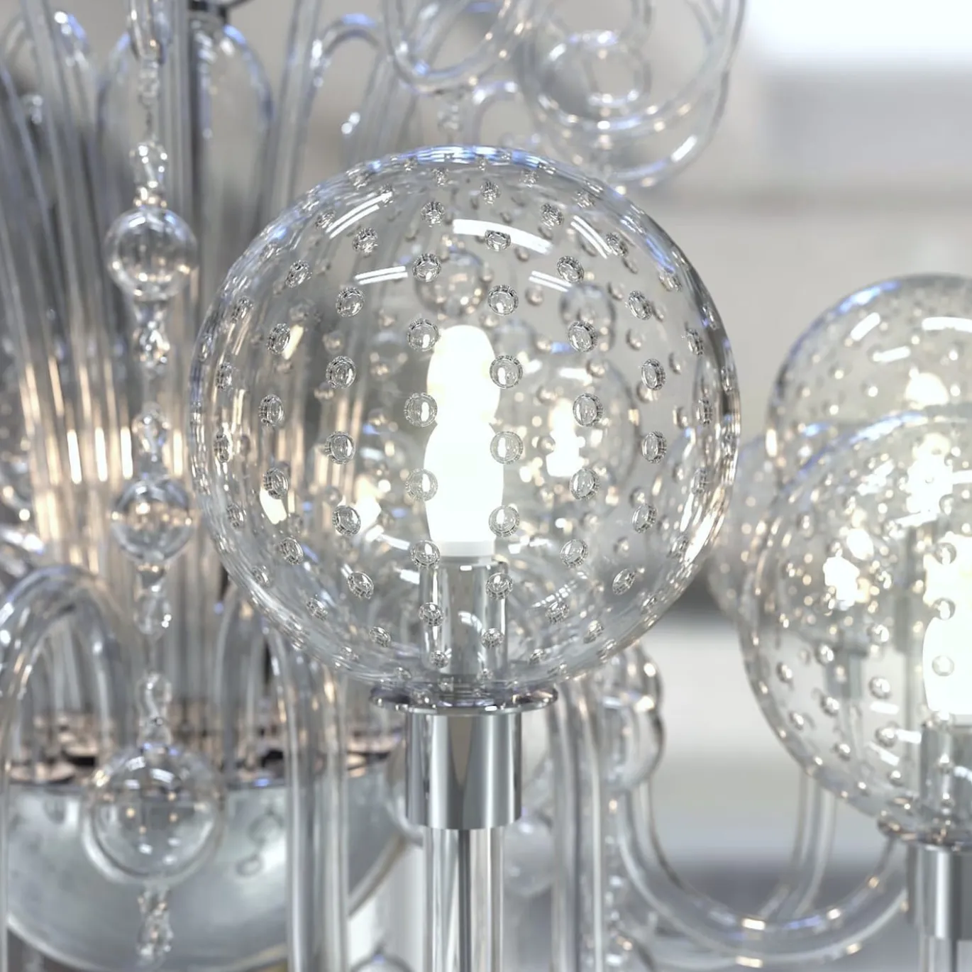 Lampadario Galileo a 12 luci in vetro di Murano color cristallino
