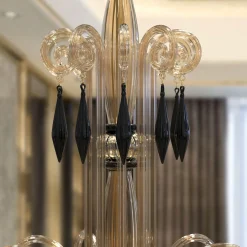 Lampadario Giotto a 8 luci in vetro di Murano color fumè e nero