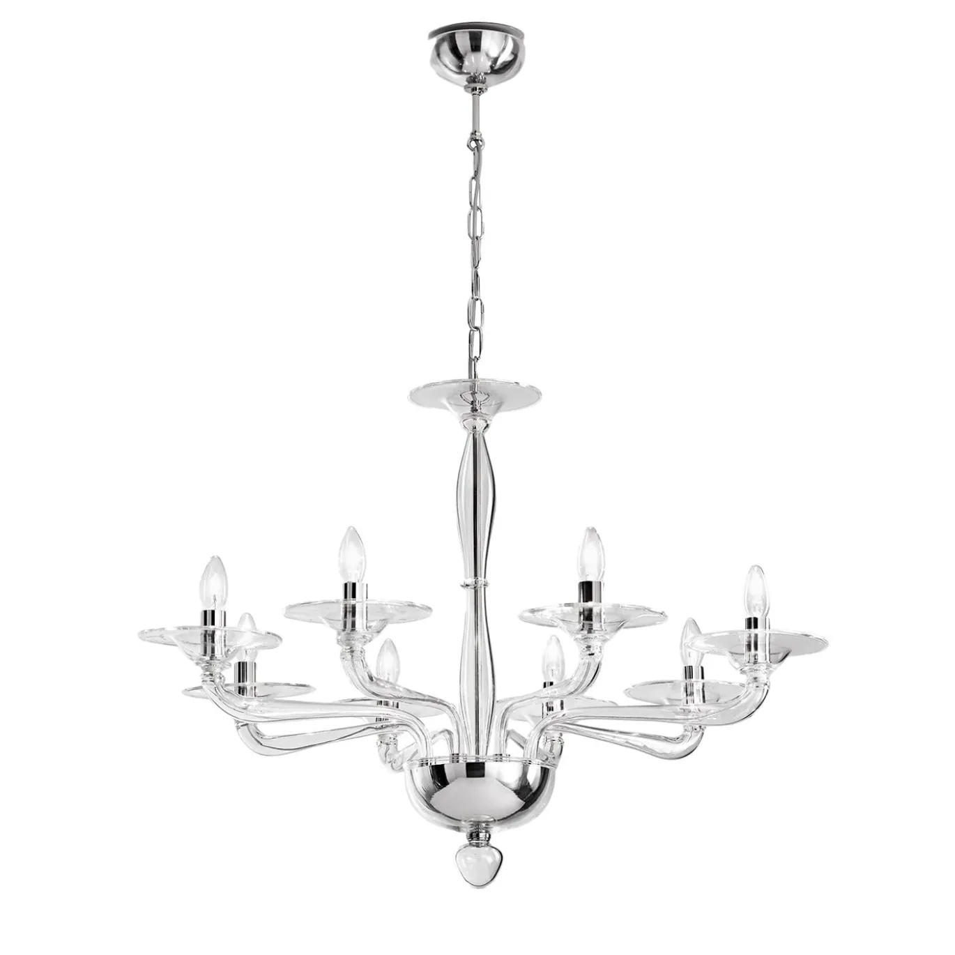 Lampadario Isabel a 8 Luci in Vetro Soffiato Trasparente e Metallo Cromato