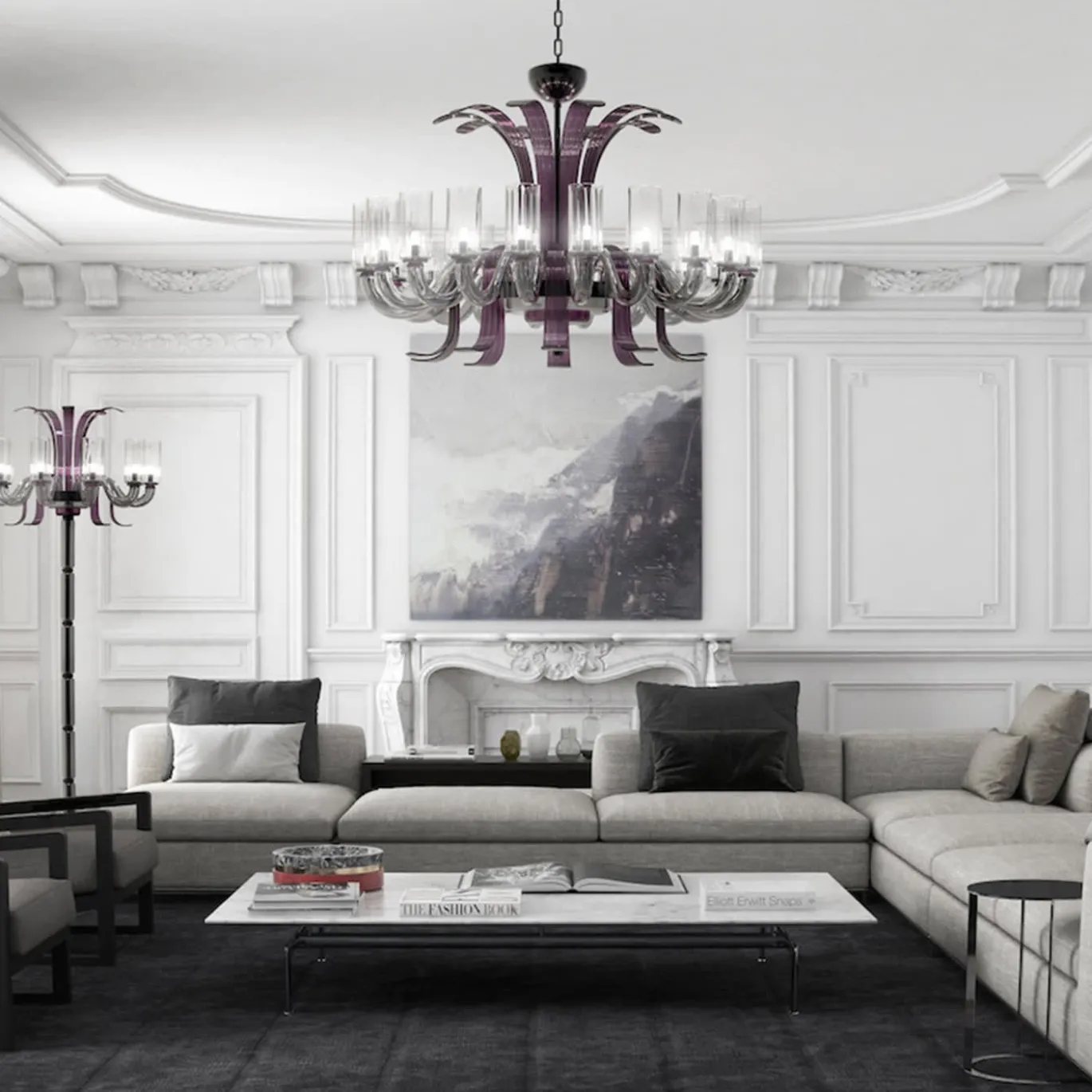 Lampadario Leonardo a 20 luci in vetro di Murano color grigio e viola