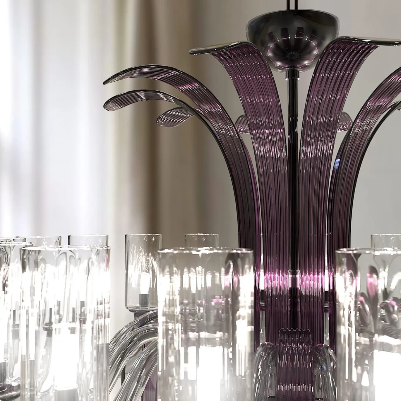 Lampadario Leonardo a 20 luci in vetro di Murano color grigio e viola