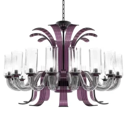 Lampadario Leonardo a 20 luci in vetro di Murano color grigio e viola