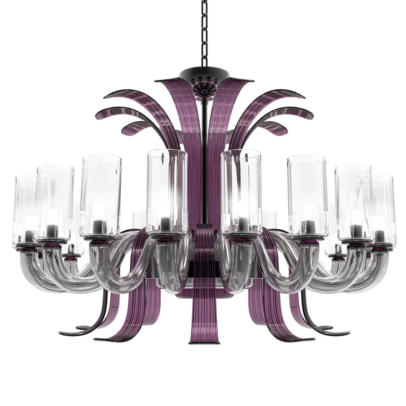 Lampadario Leonardo a 20 luci in vetro di Murano color grigio e viola