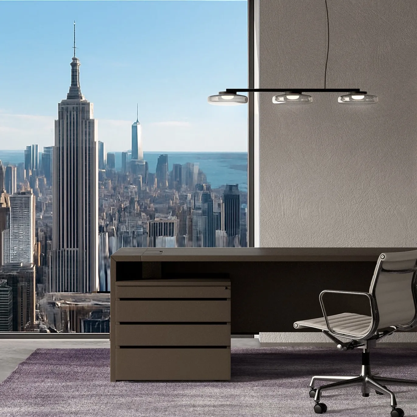 Lampadario Lounge lineare grigio in vetro a tre luci