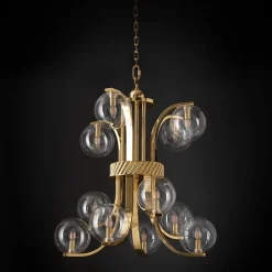 Lampadario Medio Bubble in Vetro Trasparente e Ottone di Studio Bojola