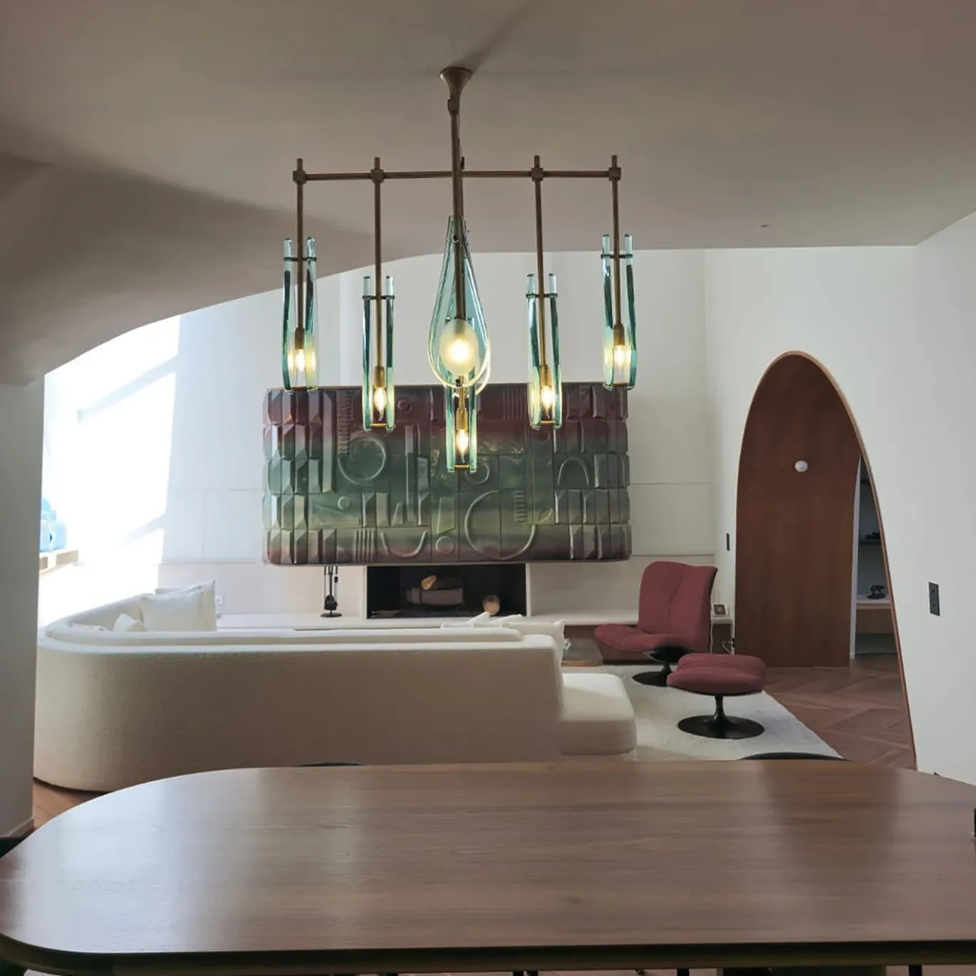 Lampadario Memory in Vetro Molato Azzurro Chiaro e Ottone