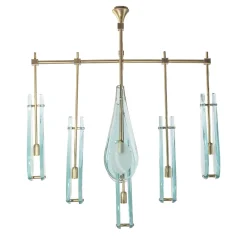 Lampadario Memory in Vetro Molato Azzurro Chiaro e Ottone