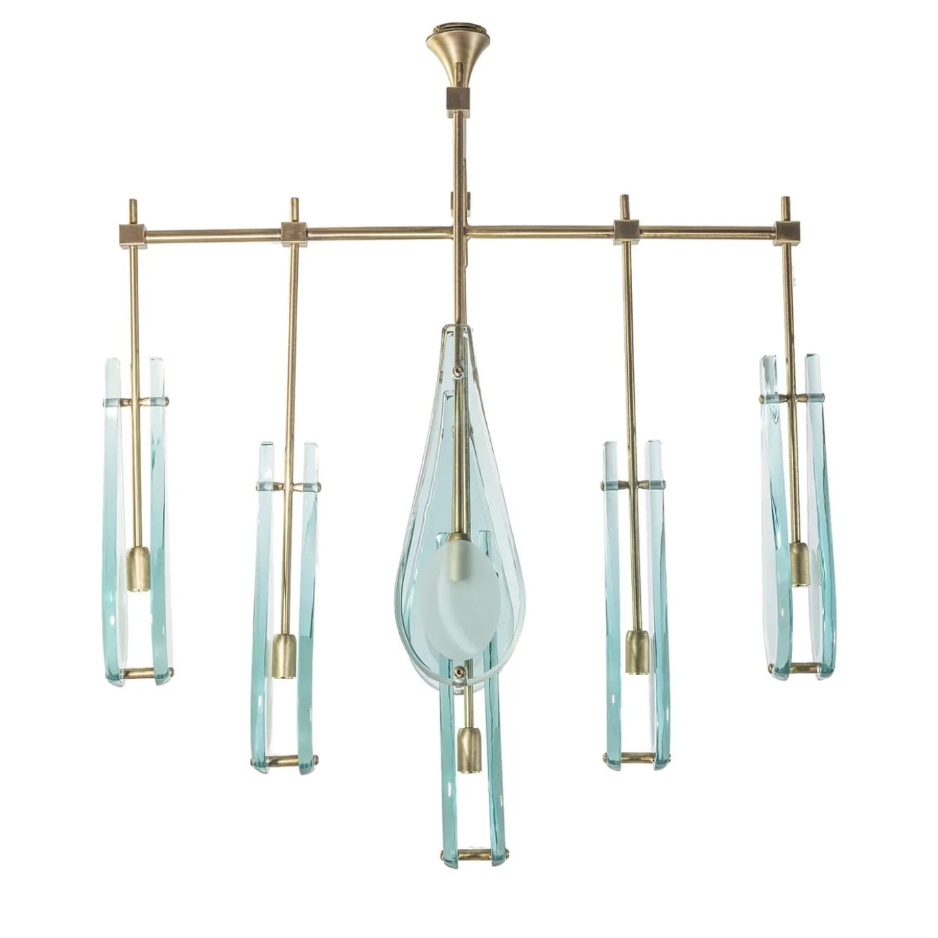 Lampadario Memory in Vetro Molato Azzurro Chiaro e Ottone