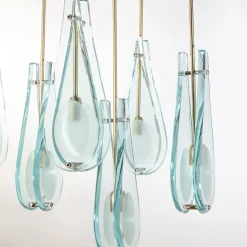 Lampadario Memory in Vetro Molato Azzurro Chiaro e Ottone