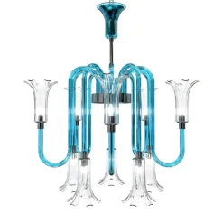 Lampadario Michelangelo a 10 luci in vetro di Murano color cristallo trasparente e azzurro