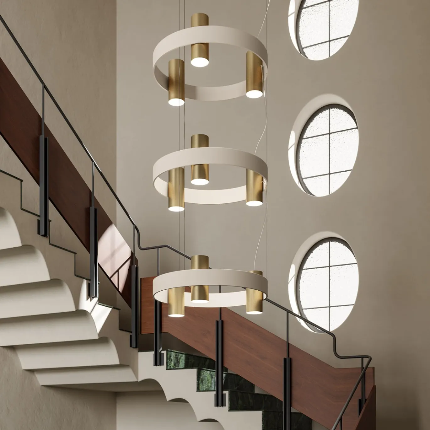 Lampadario Nastro a tre anelli Beige e Oro