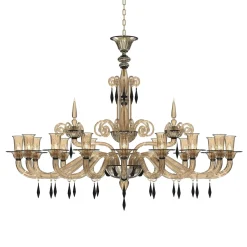 Lampadario ovale Cellini a 16 luci in vetro di Murano color fumè e nero