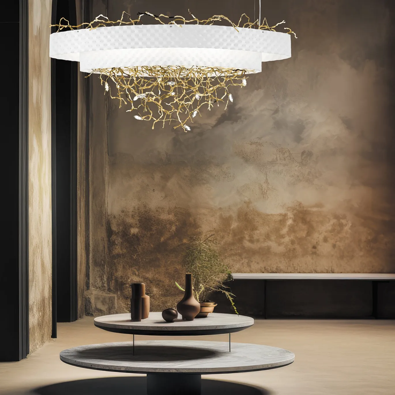 Lampadario ovale Groovy bianco e oro chiaro