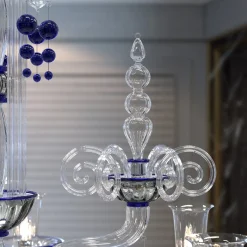 Lampadario Puccini a 18 luci in vetro di Murano color cristallo trasparente e blu