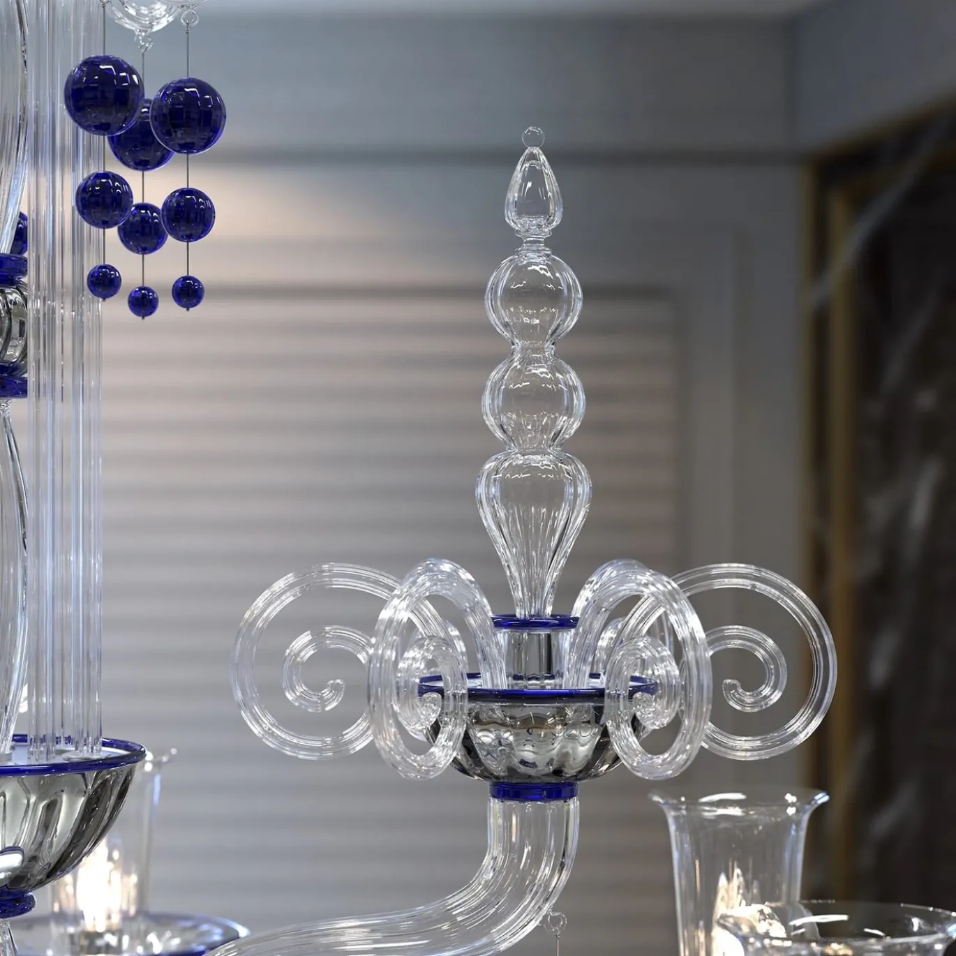 Lampadario Puccini a 18 luci in vetro di Murano color cristallo trasparente e blu