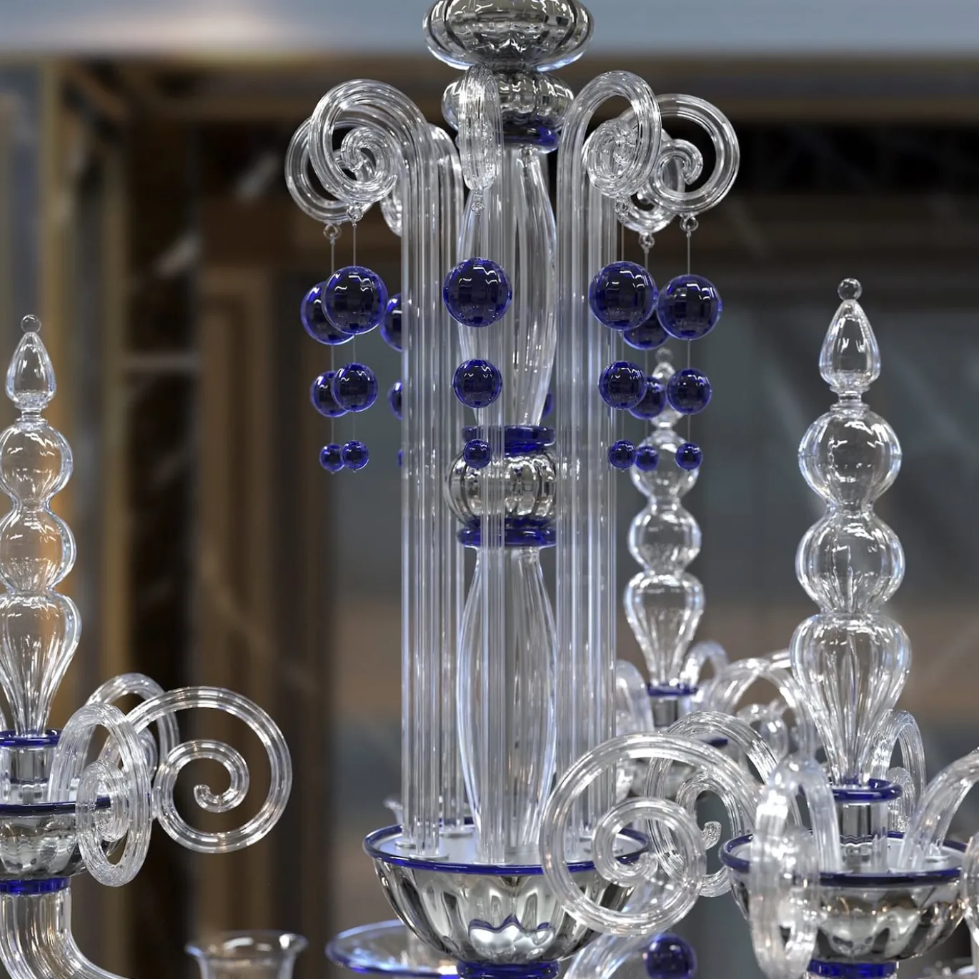 Lampadario Puccini a 18 luci in vetro di Murano color cristallo trasparente e blu