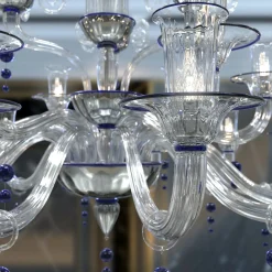 Lampadario Puccini a 18 luci in vetro di Murano color cristallo trasparente e blu