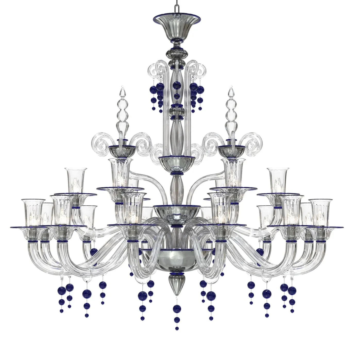Lampadario Puccini a 18 luci in vetro di Murano color cristallo trasparente e blu
