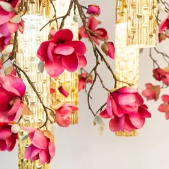 Lampadario quadrato Magnolia Flower Power con decorazioni dorate