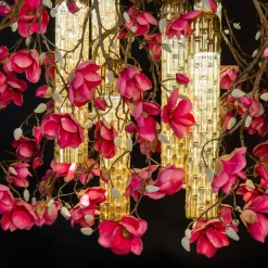 Lampadario quadrato Magnolia Flower Power con decorazioni dorate