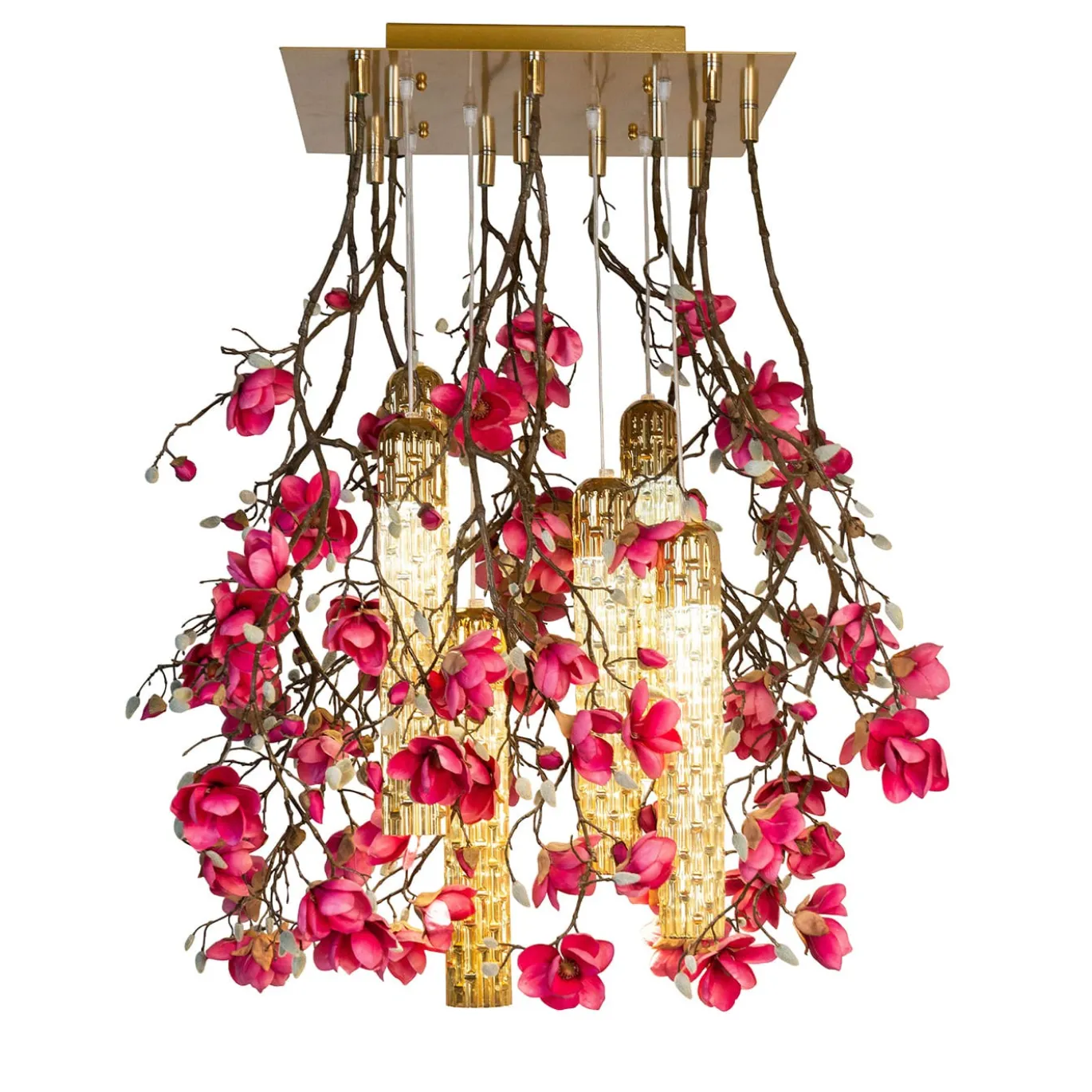 Lampadario quadrato Magnolia Flower Power con decorazioni dorate