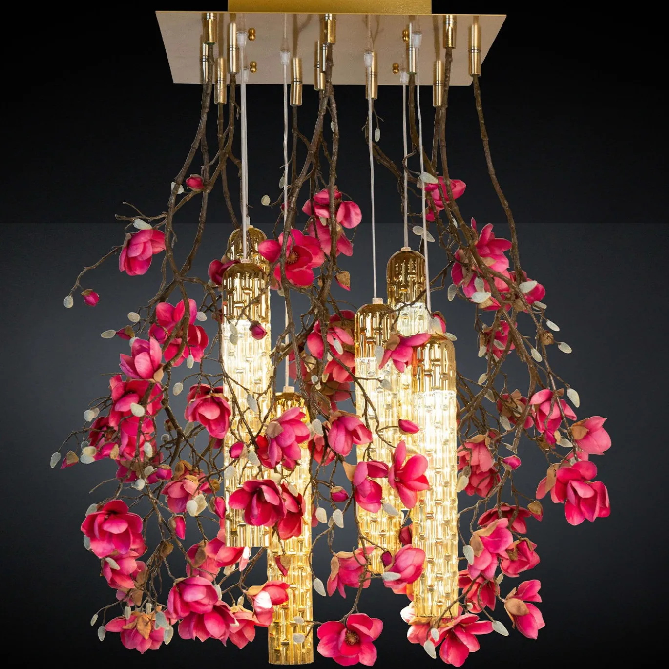 Lampadario quadrato Magnolia Flower Power con decorazioni dorate