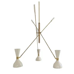 Lampadario regolabile a 3 bracci in ottone e avorio Contrappeso