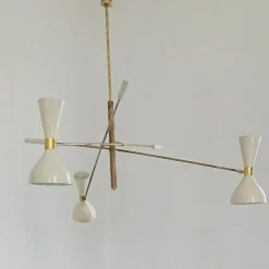 Lampadario regolabile a 3 bracci in ottone e avorio Contrappeso
