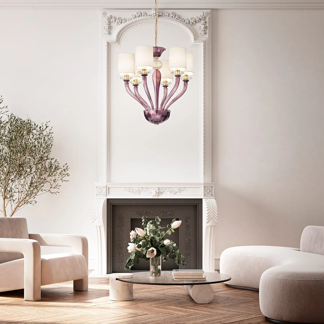Lampadario Rosa a 6 Luci in Vetro Soffiato Ametista