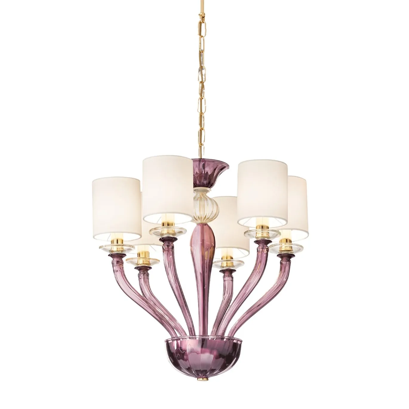 Lampadario Rosa a 6 Luci in Vetro Soffiato Ametista
