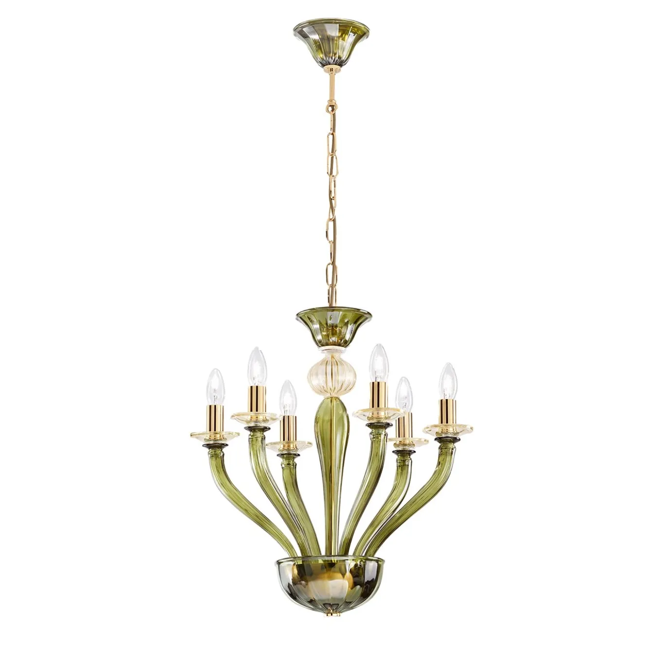 Lampadario Rosa a 6 Luci in Vetro Soffiato Verde Oliva