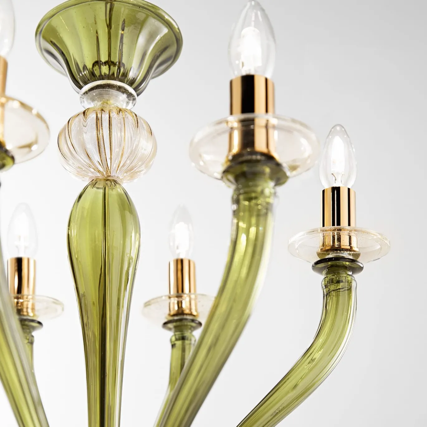 Lampadario Rosa a 6 Luci in Vetro Soffiato Verde Oliva