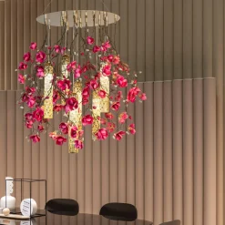 Lampadario rotondo grande Flower Power Magnolia rosa e oro