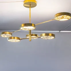Lampadario Sistema Solare a 6 luci in Ottone e Marmo Calacatta Gold