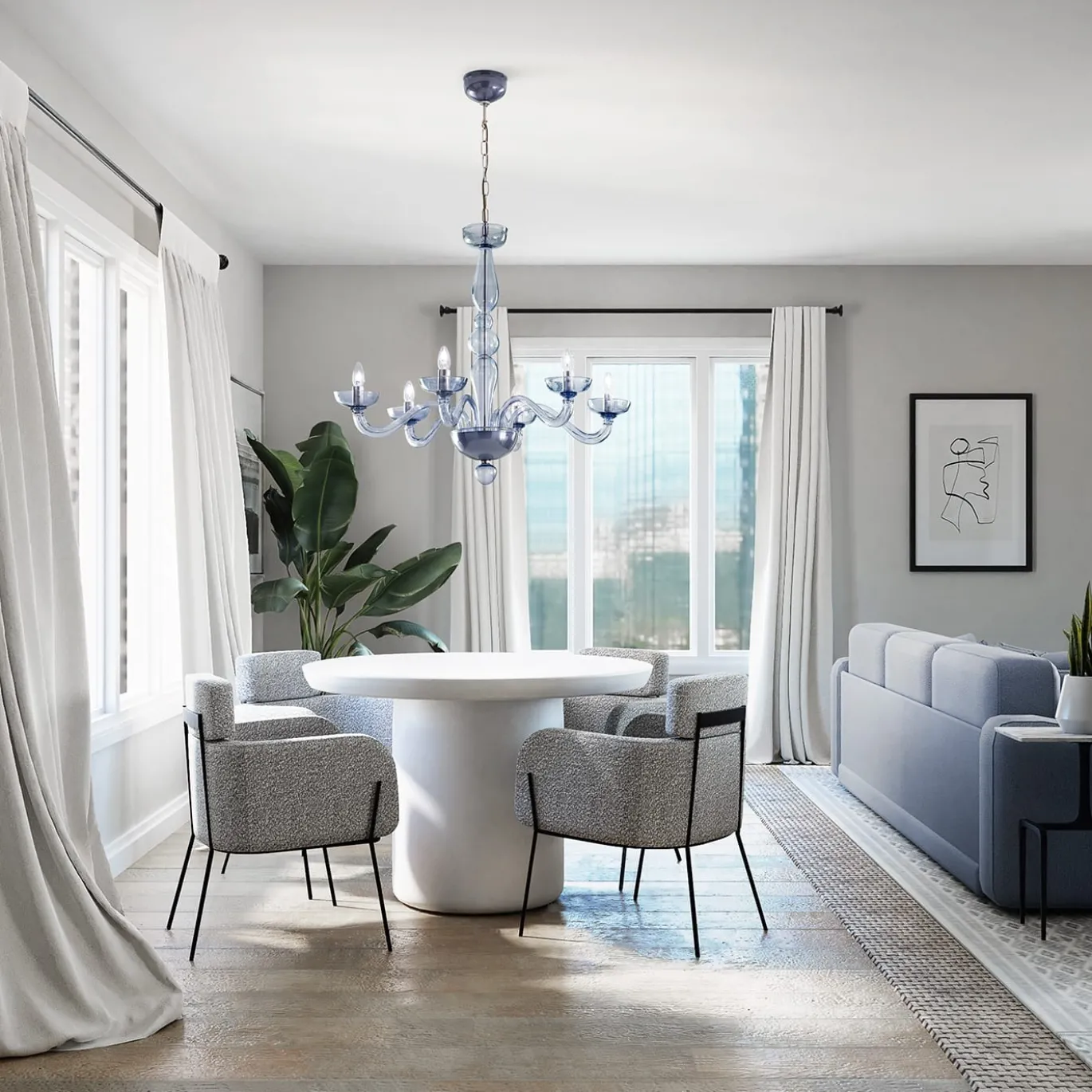 Lampadario Sophie a 6 Luci in Vetro Soffiato Grigio Bluastro