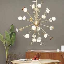 Lampadario Sputnik in Alabastro Bianco e Ottone satinato