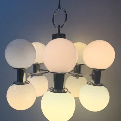 Lampadario Stilnovo a 10 luci cromate