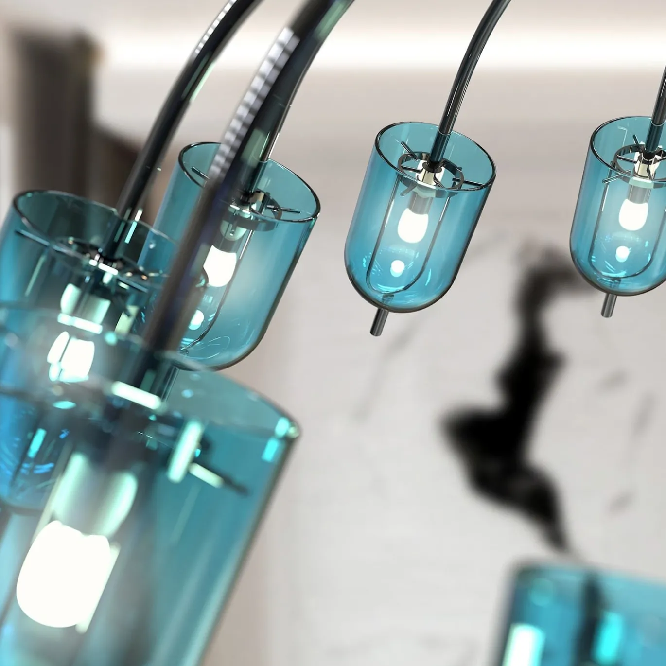 Lampadario Tintoretto a 12 luci in vetro di Murano color blu chiaro