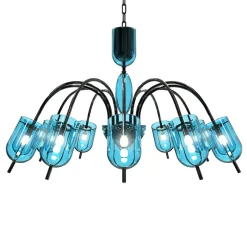 Lampadario Tintoretto a 12 luci in vetro di Murano color blu chiaro