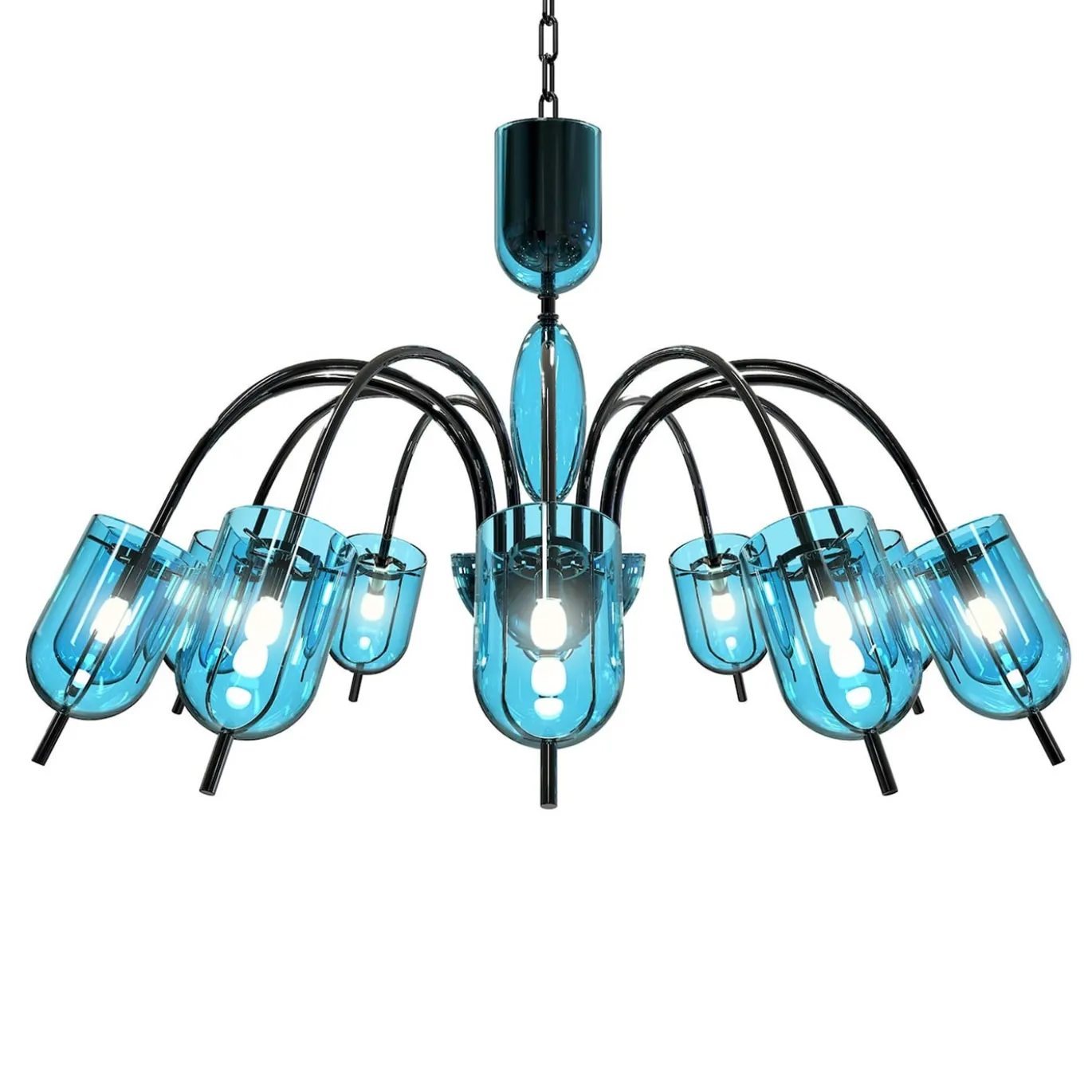 Lampadario Tintoretto a 12 luci in vetro di Murano color blu chiaro