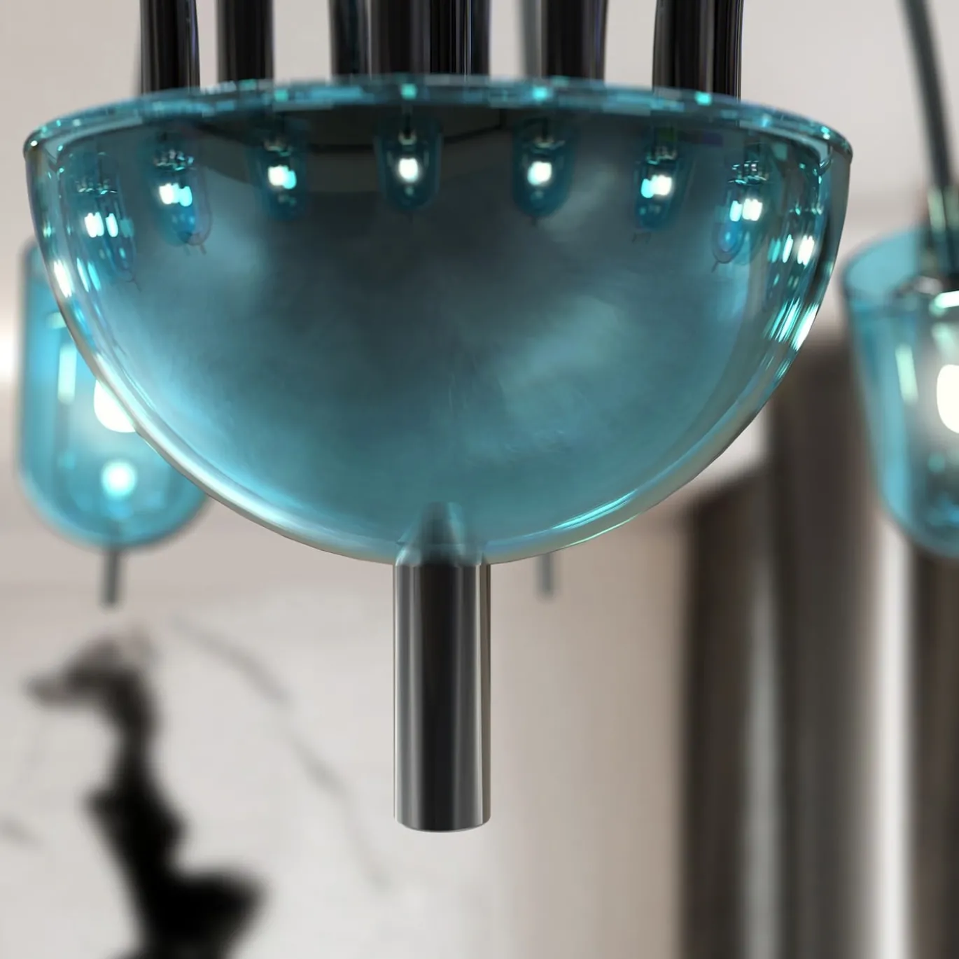 Lampadario Tintoretto a 12 luci in vetro di Murano color blu chiaro