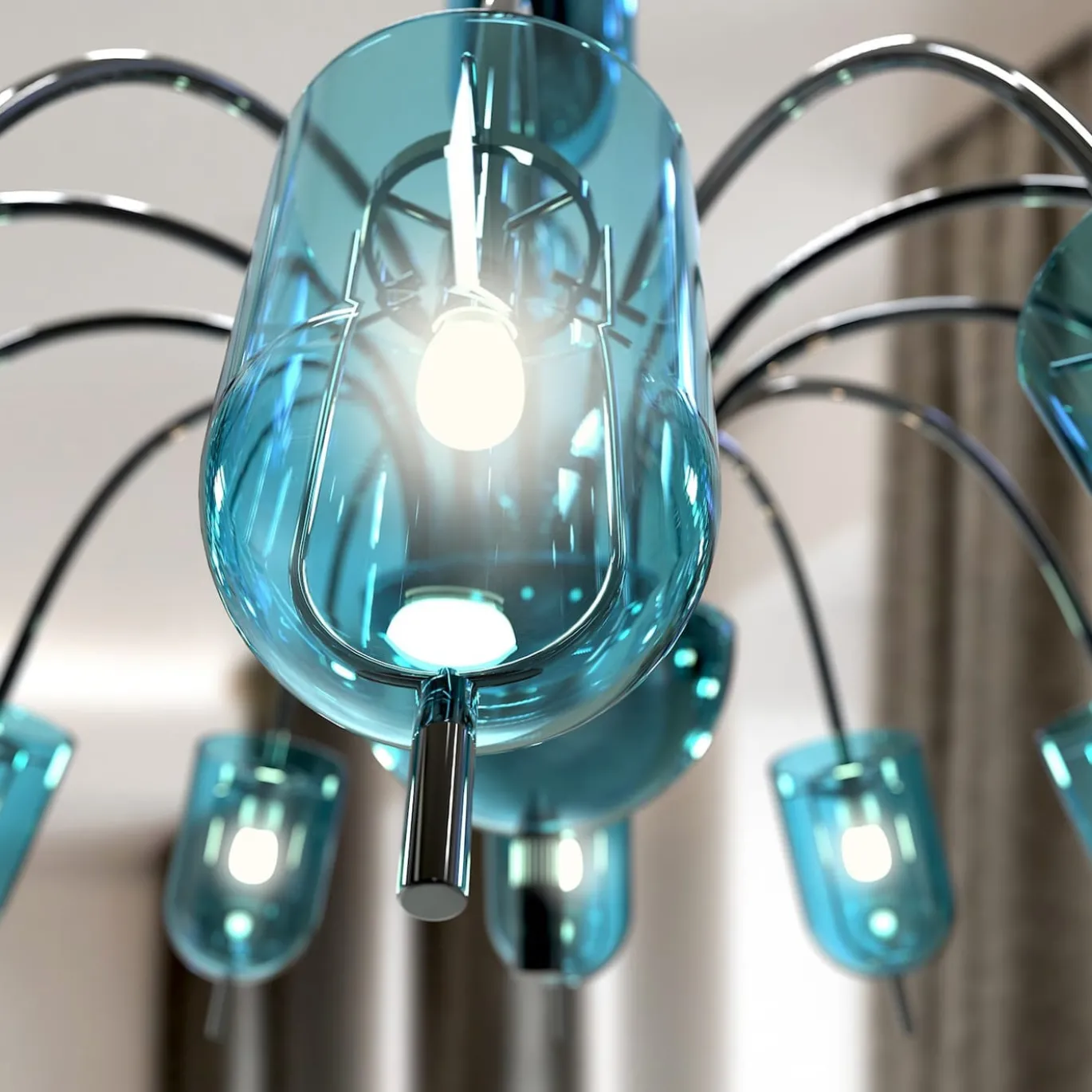 Lampadario Tintoretto a 12 luci in vetro di Murano color blu chiaro
