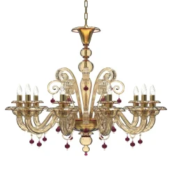 Lampadario Vespucci a 10 luci in vetro di Murano color fumè e rubino