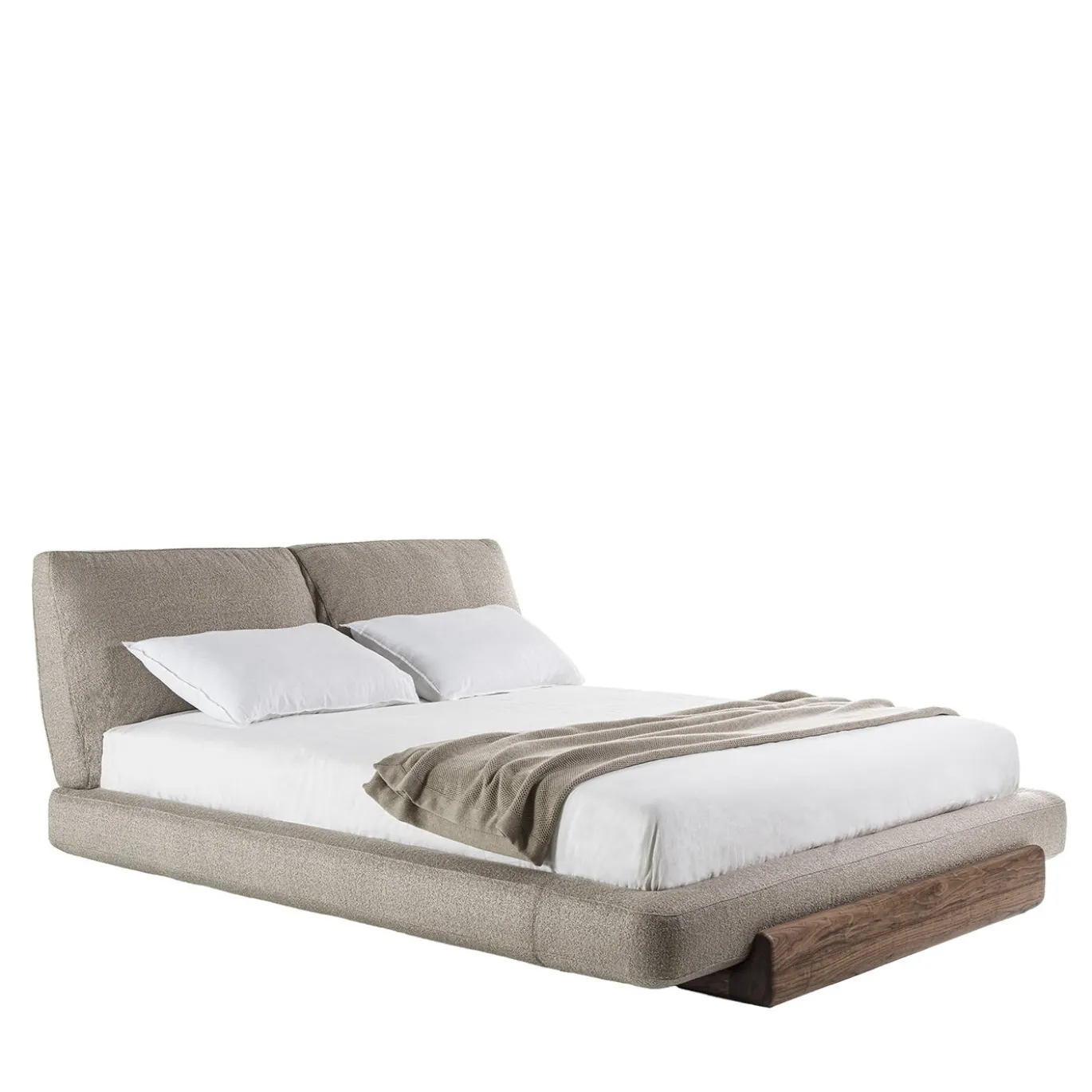 Letto Sospiro in noce massello e tessuto bouclé tortora