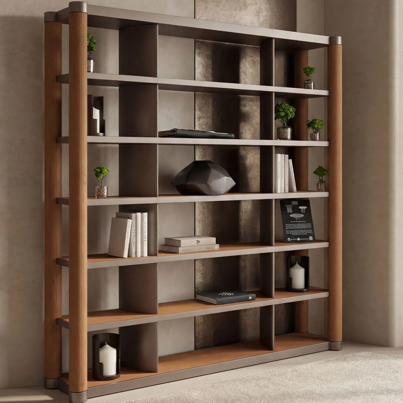 Libreria Bon Ton in legno laccato con rivestimento in eco nabuk