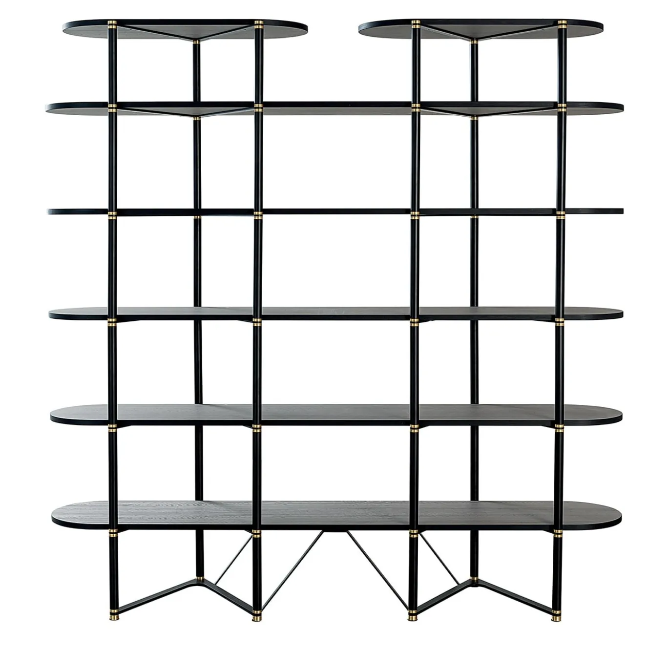 Libreria Boomerang in metallo nero e ottone con 6 ripiani di Pietro Russo Design
